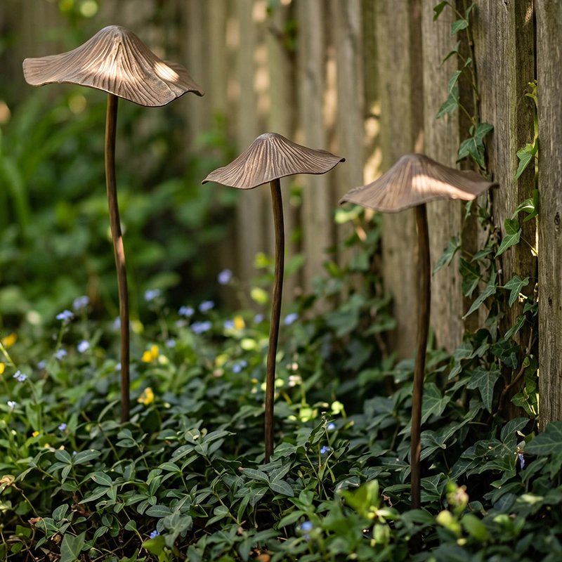 Statue exterieur trois jolis champignons en méral rouillé