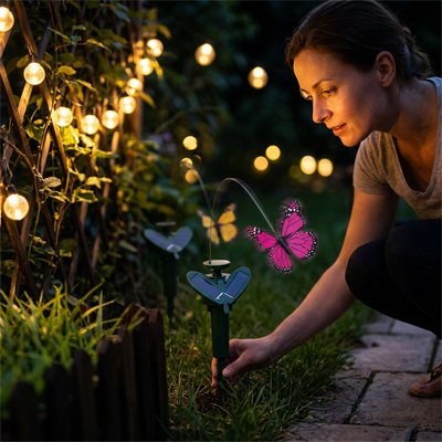Statue pour jardin femme qui installe deux papillons lumineux