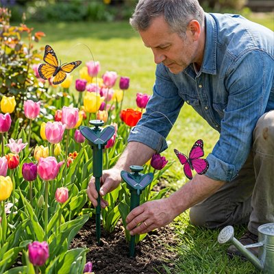Statue pour jardin homme qui installe deux papillons
