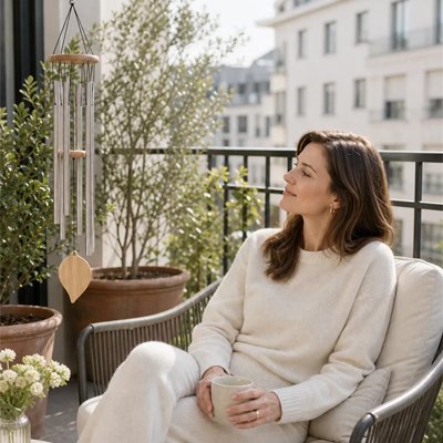 Une femme assise sur son balcon regarde son Carillon éolien  argenté